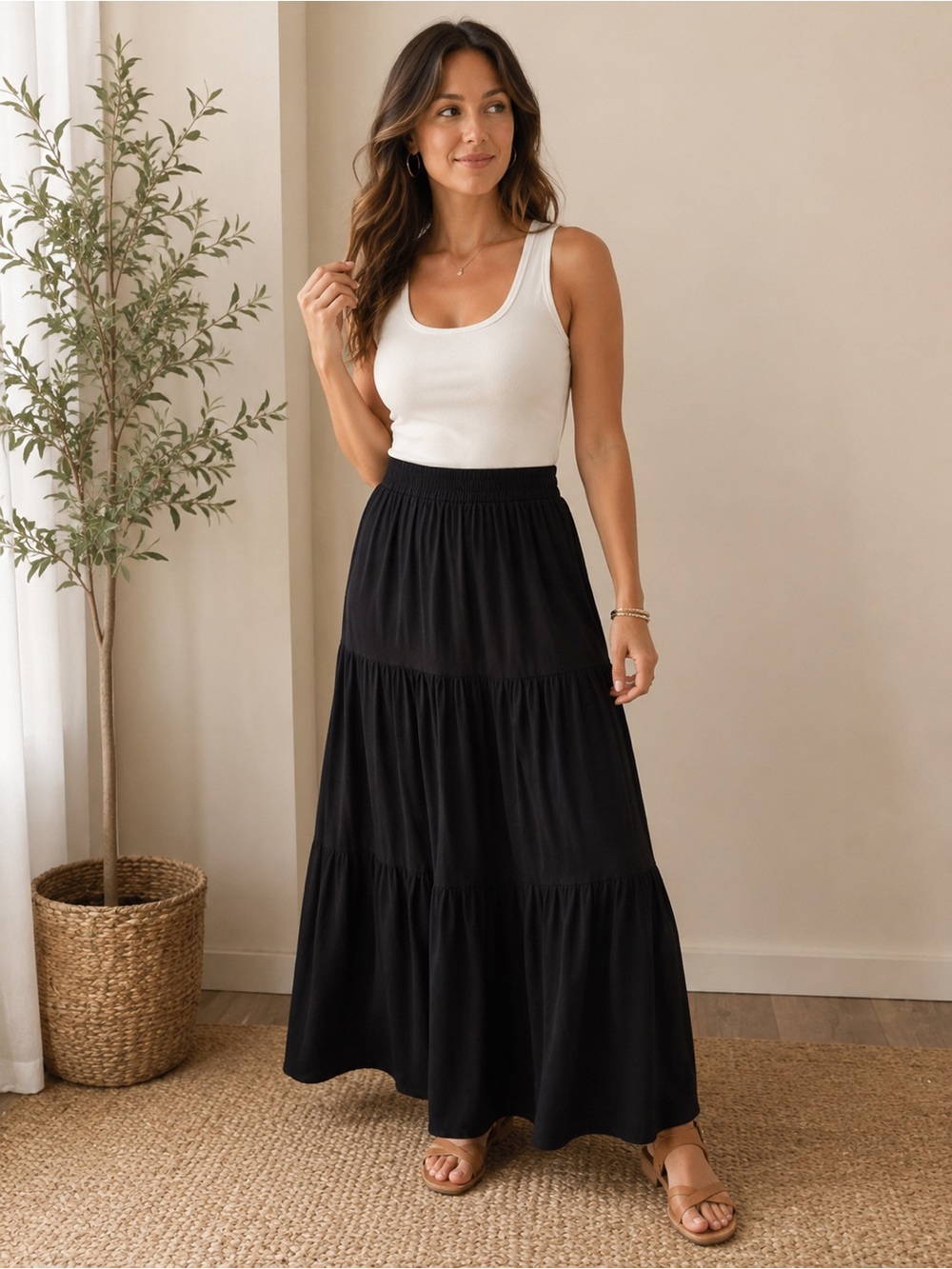 Black Tiered Maxi Skirt Size Large Elastic Waist Boho Flowy